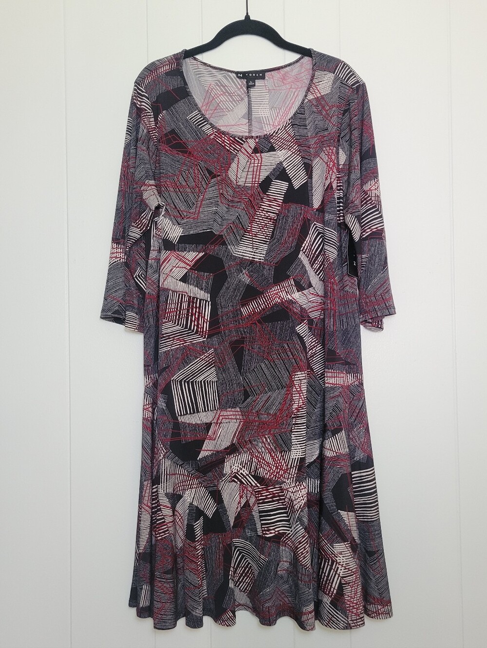 NWT N Touch Slinky Dress Black & Red Stencil Abstract Print Stretch Career LG